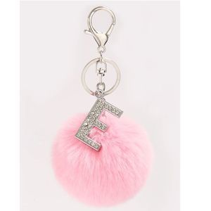 New E Initial Letter Crystal Fur Pom Purse Charm Pink Gift
